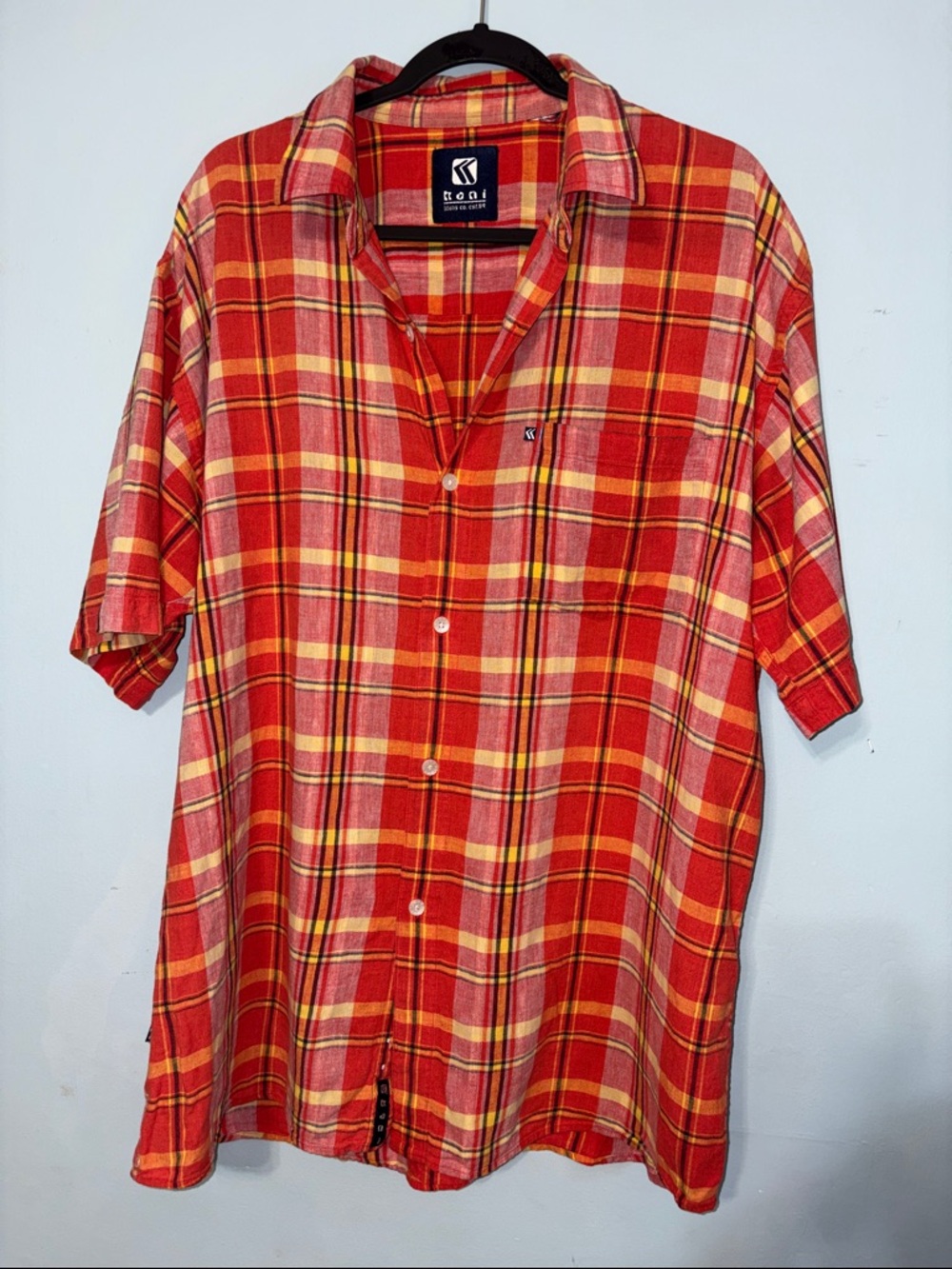 Karl Kani XL Men's Vintage Short Sleeve Plaid Button Up Shirt Orange PTP 25"